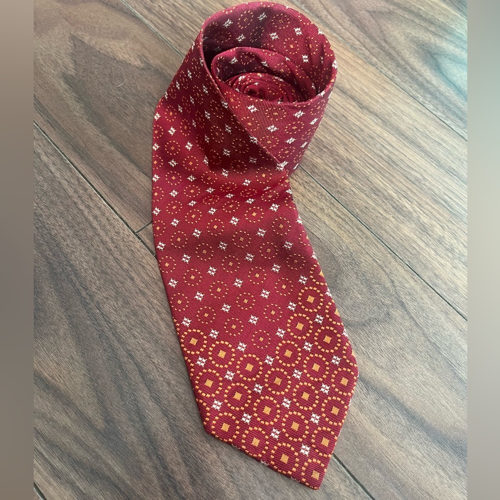 Ermenegildo Zegna Italian silk tie geometric designs red base luxe menswear
